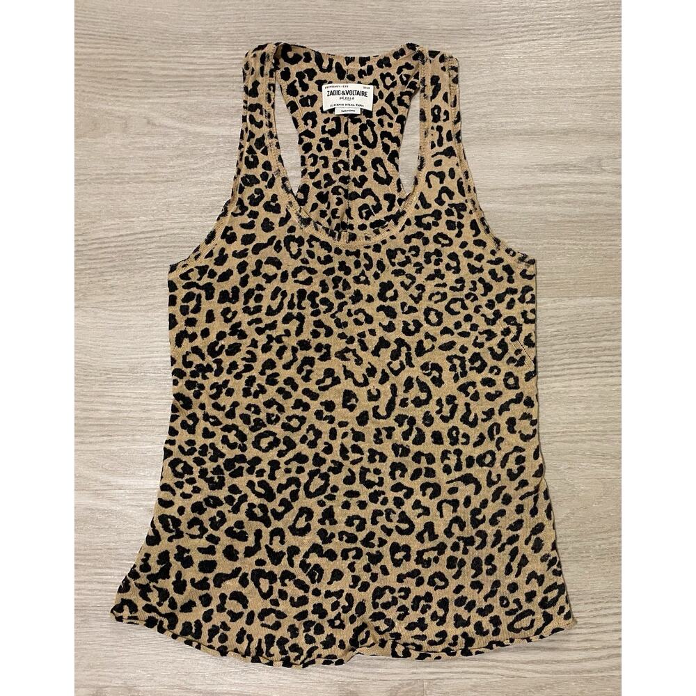 Zadig & Voltaire Leopard Print Linen Racerback Tank Top XS Rocker Edgy Old Money